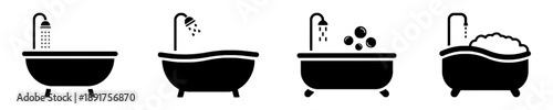Black silhouette icons of bathtubs with running water, showering, and bubbling bath, perfect for bathroom design, hygiene, and relaxation themes