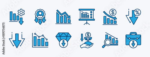Blue business finance icons depicting downward trends, loss, and economic challenges with stylized graphs, arrows, and financial symbols