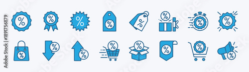 Blue and white icons symbolizing discount, percentage, and sales, featuring tags, gift boxes, shopping carts, and price reduction symbols, collection for retail and marketing.