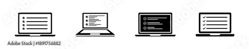 Black laptop computer screens displaying checklists with bullet points and checkmarks, symbolizing task management, to-do lists, or project completion on computers
