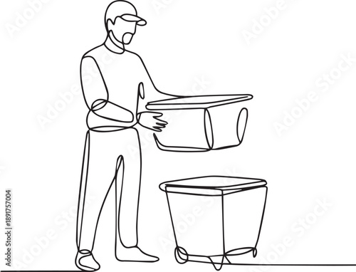 Man in cap lifting box from wheeled container, simple line art, worker illustration