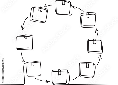 Cycle of briefcases illustration showing sequence and progression in a circular motion