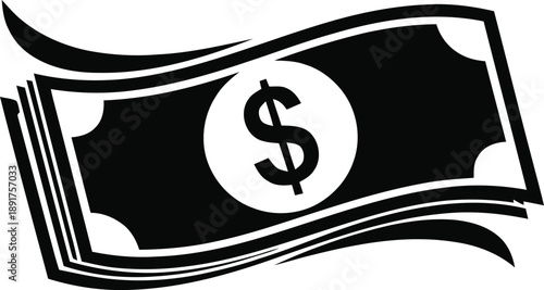 Black and white stack of dollar banknotes with a large dollar sign symbolizing currency wealth and financial success