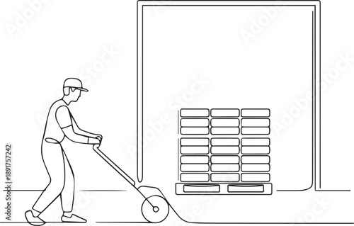 Man pushing cart with boxes near large door in warehouse setting from side view