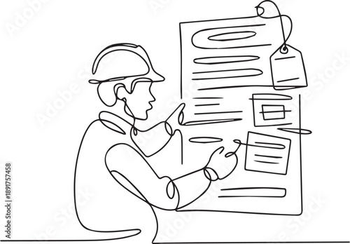 Engineer examining blueprint with pencil and clipboard in workspace