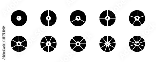 Circular diagrams divided into segments from one to ten, with numbers inside, representing fractions, pies, charts, or progress indicators