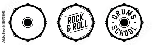Circular graphics related to drums and music, including a plain drum head, a 'Rock & Roll' themed circle, and a drum school emblem.