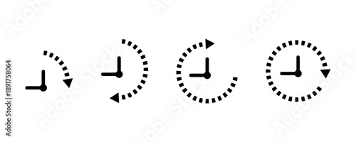 Clock face symbols with rotating arrows and progress indicators, representing time passing, deadlines, and scheduling, useful for countdowns, time management, and clockwork concepts