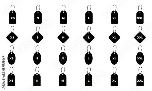 Clothing size tags vector set, apparel size labels icons, XS S M L XL XXL sizes, various tag shapes for garments, fashion size indicators, labels.