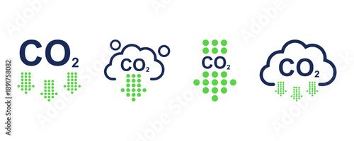 CO2 reduction icons set showing decreasing carbon dioxide levels with downward arrows and cloud symbols representing environmental protection vector