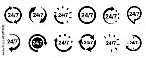 Collection of '24/7' or '24 hours a day, 7 days a week' symbols and icons, featuring circular arrows and text, signifying continuous availability and constant service for businesses.
