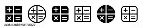 Calculator keypad icons representing basic mathematical operations plus minus multiply divide equals symbols arranged in grids and circles