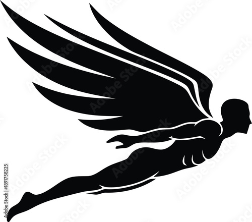 Human figure with large wings flying forward in horizontal pose symbolizing freedom ambition success and spiritual growth