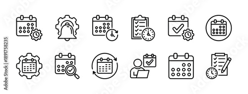 Calendar and time management icons, representing scheduling, planning, deadlines, tasks, appointments, and organization, productivity and time tracking concepts.