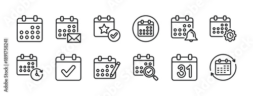 Calendar icons in line art style showcasing different dates events and planning functions for scheduling and time management applications