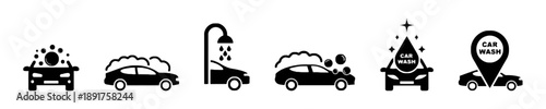 Car wash icons set, automobile cleaning service, soap suds, water spray, foam, car wash sign, location pin, vehicle maintenance, graphical elements for car service, isolated on white.