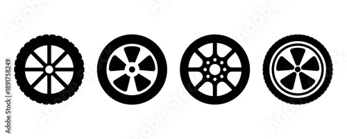 Car wheel and tire icons set showcasing different rim designs and tire treads for automotive transportation and vehicle maintenance graphic elements