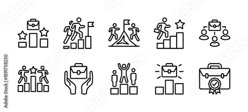 Career and business success line art icons, climbing stairs, reaching goal, teamwork, leadership, achievement, career path, professional development, recognition