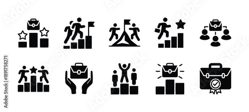 Career and business success solid icons, climbing stairs, reaching goal, teamwork, leadership, achievement, career path, professional development, recognition