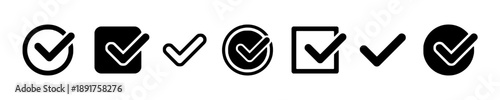 Check mark icon variety, tick symbol in circle and square, approved sign for checklist, confirmation graphic set, verification symbol collection