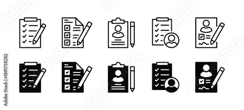 Checklist and form icons in solid and outline styles representing survey tasks and user profile management for documentation and data collection
