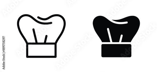 Chef hat icon set in outline and solid fill styles representing culinary professionals and kitchen staff for food related designs and cooking themes