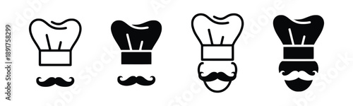 Chef hat and mustache icon set variations including outline and filled styles to represent chefs cooks and culinary professionals with distinct facial hair