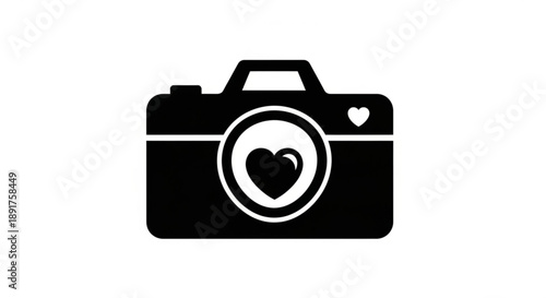 Black camera icon with heart shaped lens on white background symbolizing love for photography
