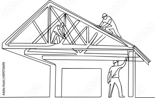 Workers constructing a roof with wooden beams on a building site