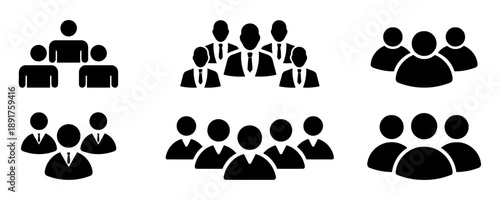 Collection of black icons representing teamwork and collaboration including group of people in different formations and arrangements to illustrate company structure and partnership