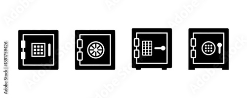 Collection of black safe icons with different digital and manual lock mechanisms, representing security, safety, and protection for valuables.