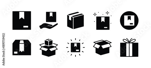Collection of black silhouette icons representing packages, boxes, and gifts for shipping, delivery, and e-commerce services, including open and closed boxes with ribbons and hands holding parcels