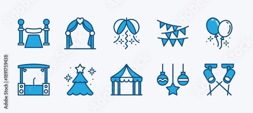 Collection of blue icons representing various party and event elements including decorations, entertainment, and festive accessories.