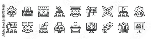 Collection of business meeting and teamwork icons illustrating collaboration communication planning and presentation concepts in a clean line art style