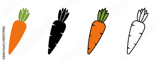 Collection of carrot illustrations in various styles including full color orange and green, solid black silhouette, and simple outline drawing on white background for healthy food themes