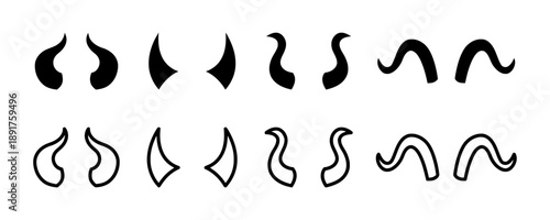 Collection of cartoon horns and antennae in black and white, various shapes, suitable for fantasy characters, anime illustrations, or festive decorations, clip art for graphic design projects.