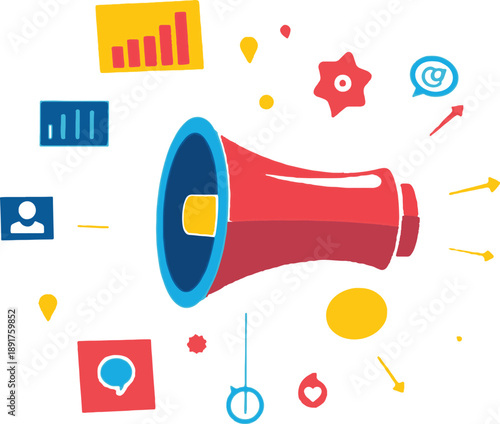 Vibrant megaphone surrounded by dynamic business and social media icons