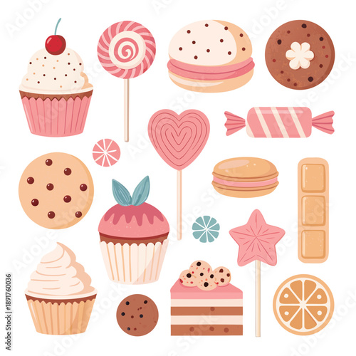 Collection of colorful sweet treats including cookies, candies, cupcakes, and cakes displayed on a transparent background.