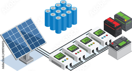 Solar energy system with photovoltaic panels, charge controllers, battery storage bank, renewable electricity generation, sustainable power technology, isometric 