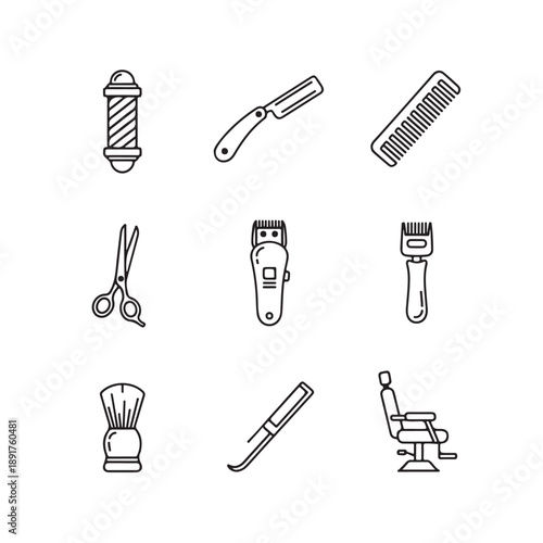 Barber tools and equipment in minimalist line art style with black outline on white background for salon branding