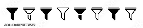 Collection of funnel icons in black and white, showcasing different styles and perspectives for filtering and sorting data or processes in graphical user interfaces