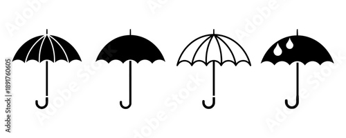 Collection of four umbrella icons in various designs, including solid, outline, and rain drops, symbolizing protection from weather and outdoor elements
