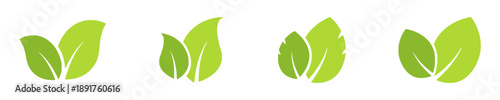 Collection of four vibrant green leaf icons, suggesting nature, growth, and ecology, perfect for organic products, environmental themes, and healthy living concepts, clean and modern design