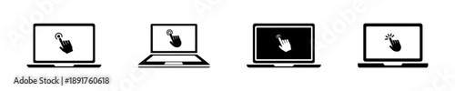 Collection of four laptop computer icons showing a cursor clicking on screen, varying in style and screen display, representing user interaction and technology.