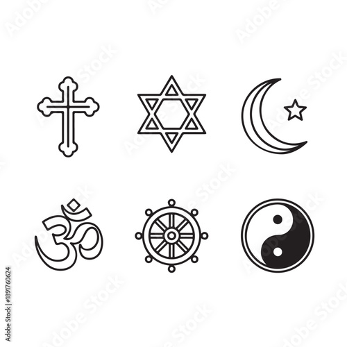 Religious Symbols Collection in Simple Line Art Style with Black and White Color Scheme on White Background for Spiritual or Faith-themed Design