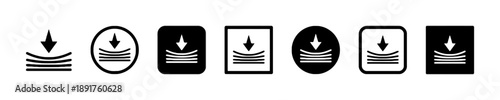 Collection of downward arrow icons indicating compression or pressure, displayed in various formats including outlined and solid black shapes within circles, squares, and abstract representations.
