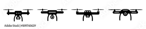 Collection of drone icons with cameras in silhouette style representing aerial photography technology surveillance and delivery services modern vector set