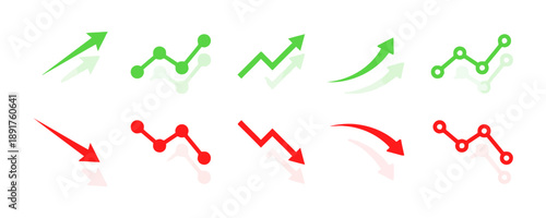 Collection of green and red arrow graphs showing upward trends and downward trends in business finance and market performance with data analysis and statistics