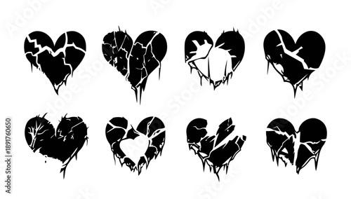 Collection of eight different broken heart icons with cracks and dripping effects, symbolising sadness, pain, and loss, on white background, vector art
