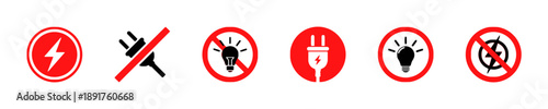 Collection of electrical and power icons including lightning bolts, plugs, and light bulbs, some with prohibition signs, symbolizing energy, electricity, and warnings.